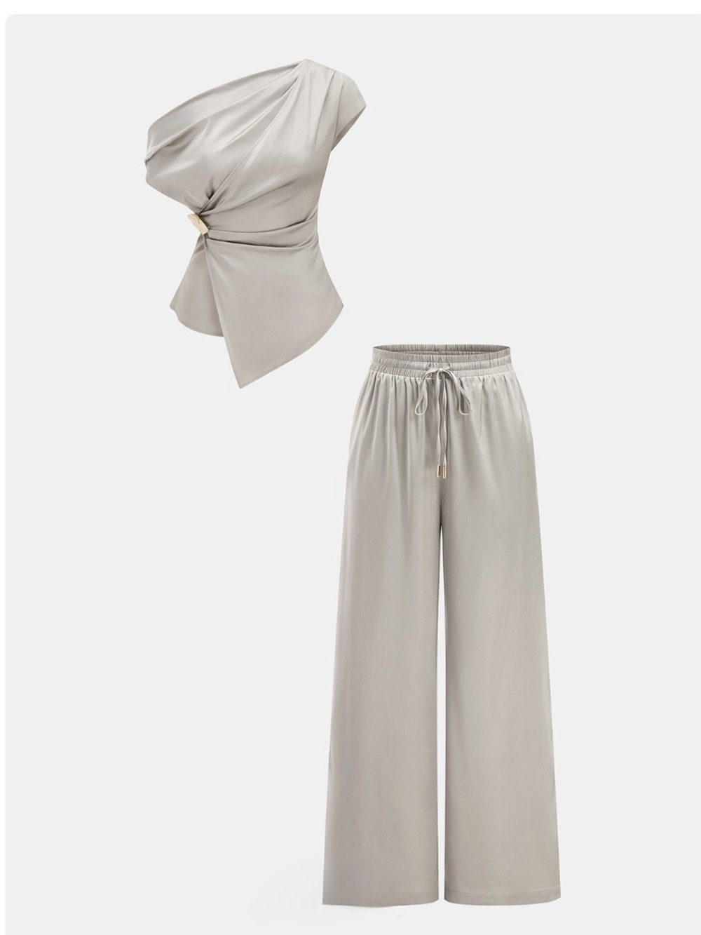 Draped Cowl-Neck Satin Blouse and Pants Set in Light Silver